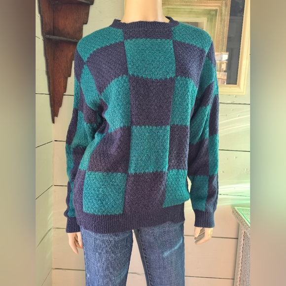 Wild Fable Navy And Teal Checkered Crew Neck  Acrylic/cotton Sweater Women's XS - Picture 2 of 6